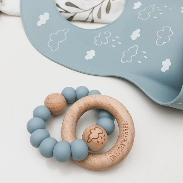 ELEMENTS Silicone & Beech Wood Rattle Teether - Blue Clouds