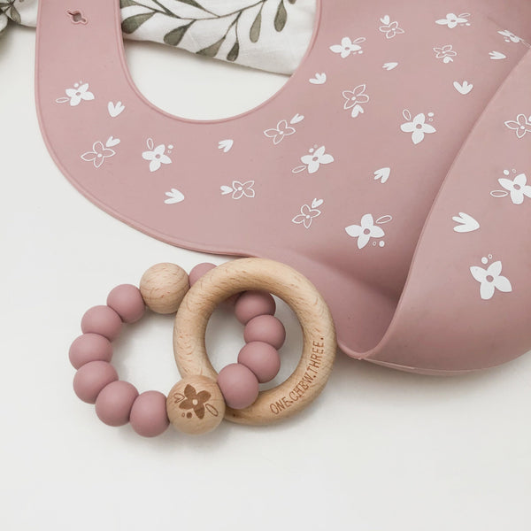ELEMENTS Silicone & Beech Wood Rattle Teether - Floral Rose