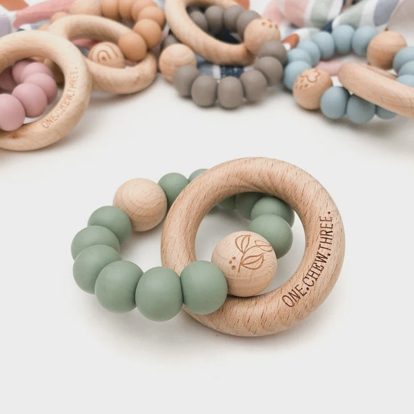 ELEMENTS Silicone & Beech Wood Rattle Teether - Sage Foliage