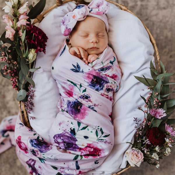 Snuggle Hunny Baby Jersey Wrap & Topknot Set - Floral Kiss