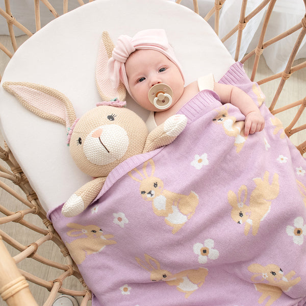 100% Cotton Whimsical Lilac Bunny Baby Blanket