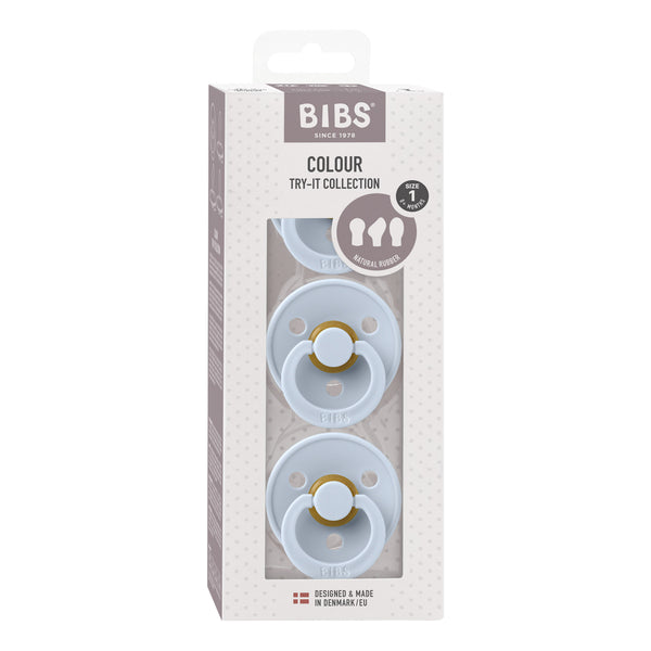 BIBS Try-it 3pk Pacifiers: Colour | Baby Blue