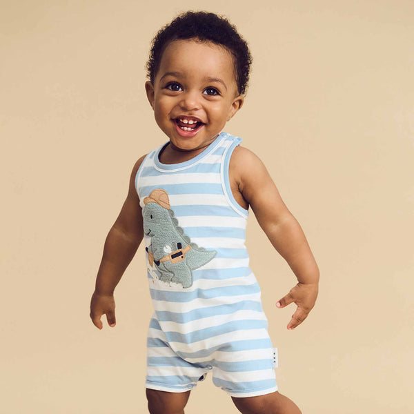 Construction Dino Stripe Sleeveless Romper