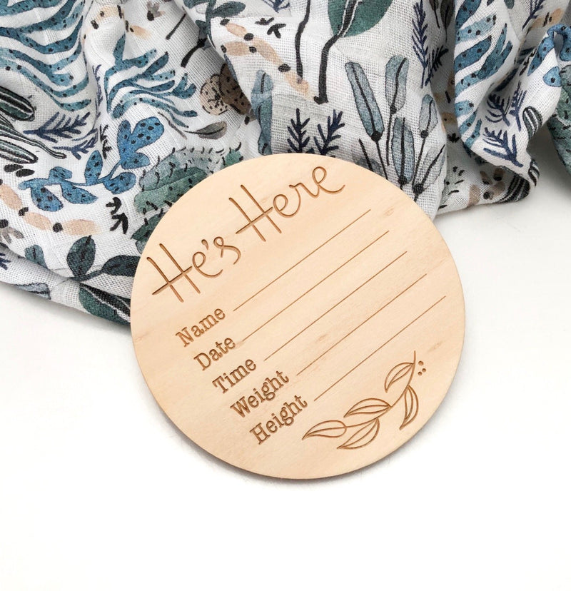 Baby Record Announcement Plaque - Engraved | He's Here | 10cm