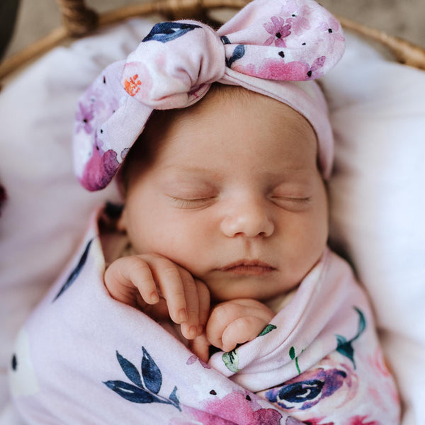 Snuggle Hunny Baby Jersey Wrap & Topknot Set - Floral Kiss