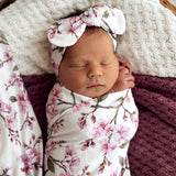 Snuggle Hunny Baby Jersey Wrap & Topknot Set - Cherry Blossom