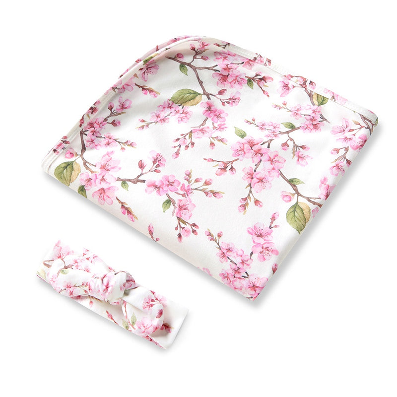 Snuggle Hunny Baby Jersey Wrap & Topknot Set - Cherry Blossom