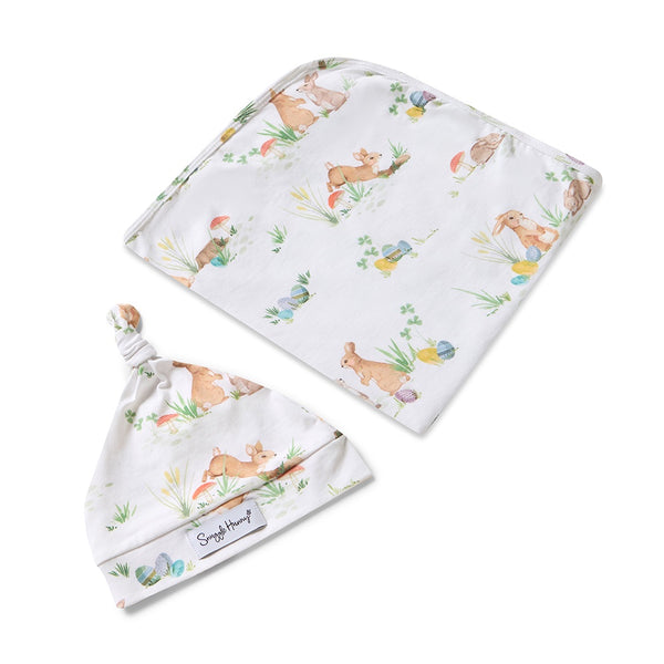 Organic Jersey Wrap & Beanie Set + Milestone Card - Easter Bunnies