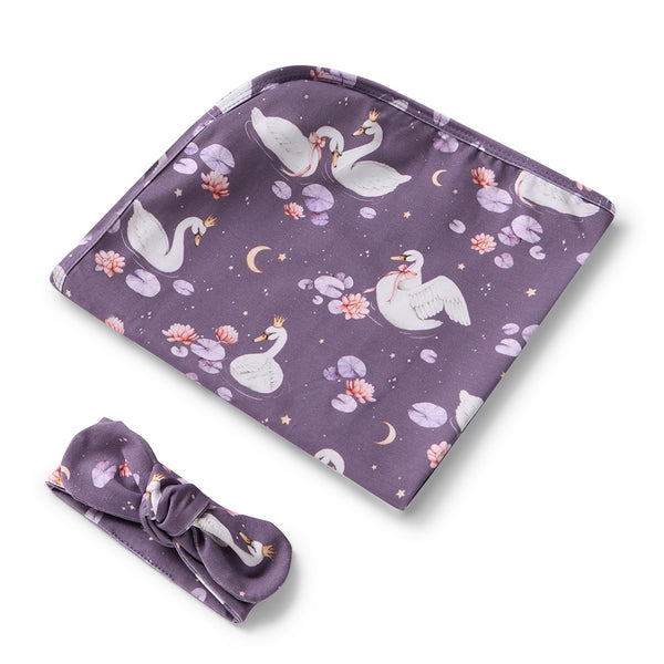 Snuggle Hunny Baby Jersey Wrap & Topknot Set -  Midnight Swan