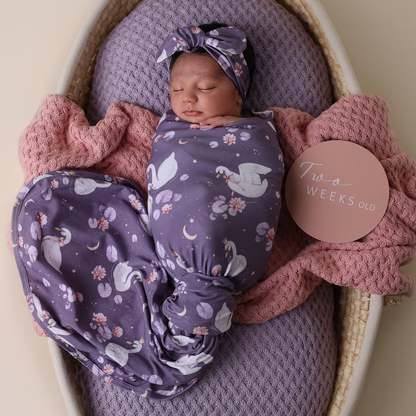 Snuggle Hunny Baby Jersey Wrap & Topknot Set -  Midnight Swan