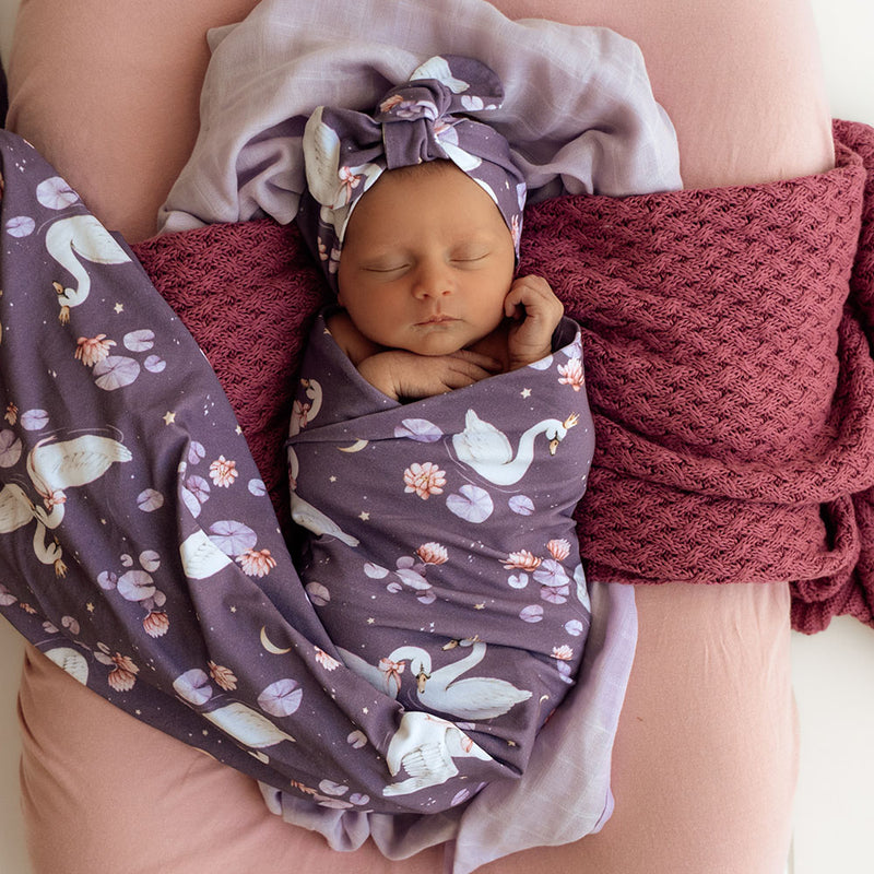 Snuggle Hunny Baby Jersey Wrap & Topknot Set -  Midnight Swan