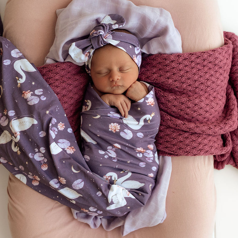 Snuggle Hunny Baby Jersey Wrap & Topknot Set -  Midnight Swan