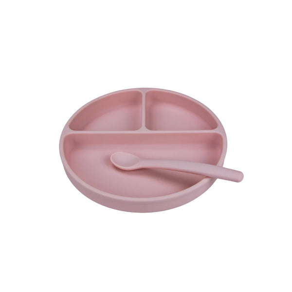 Silicone Suction Plate + Spoon + Storage Bag - Pink Peony