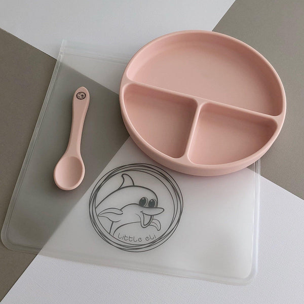 Silicone Suction Plate + Spoon + Storage Bag - Pink Peony