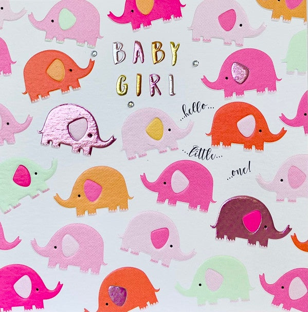 Baby Girl Card - Elephants (Embossed with Gems)