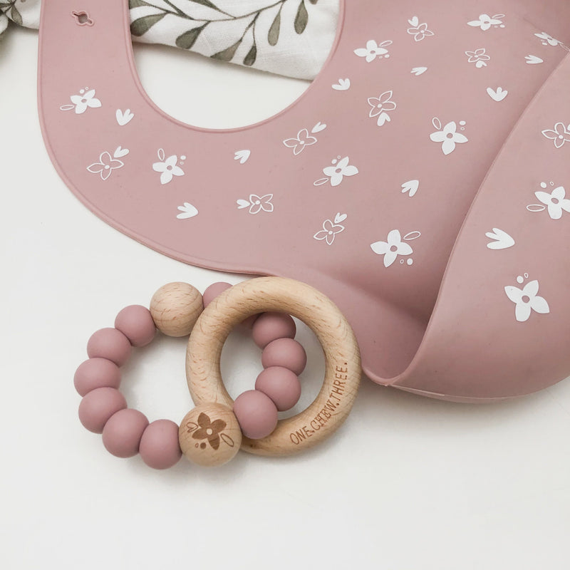 ELEMENTS Silicone & Beech Wood Rattle Teether - Floral Rose