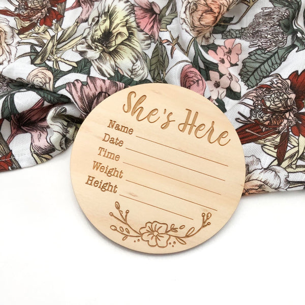 Baby Record Announcement Plaque - Engraved | She's Here | 10cm