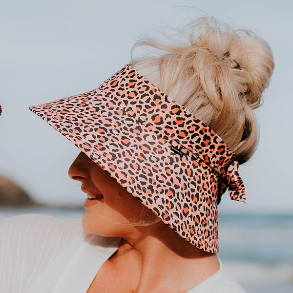 Ladies Wide-Brimmed Swim Visor Beach Hat - Leopard